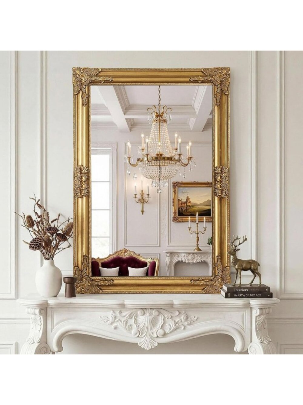 Vintage Gold Mirror for Wall, 28"x40" Antique Ornate Gold Mirror Baroque